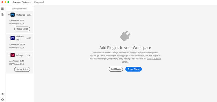 The UXP Developer Tool Developer Workspace, showing connected apps and the Create Plugin button