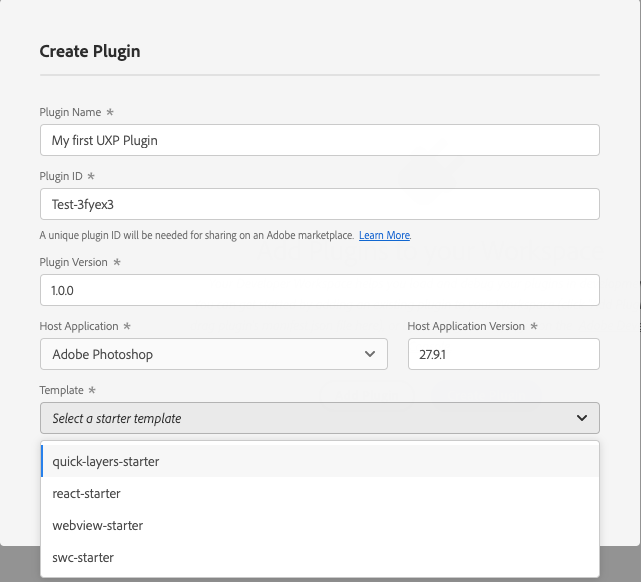 The Create Plugin dialog configured for Photoshop with the quick-layers-starter template selected