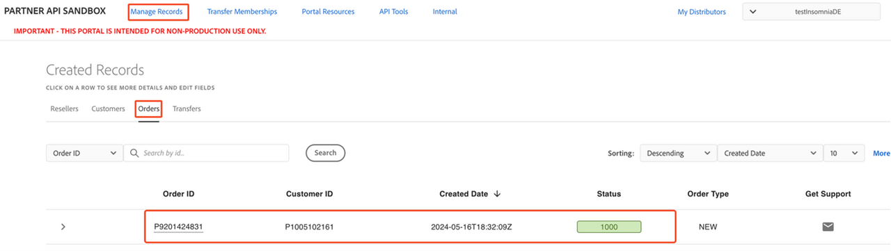 Viewing created orders in the Sandbox Portal