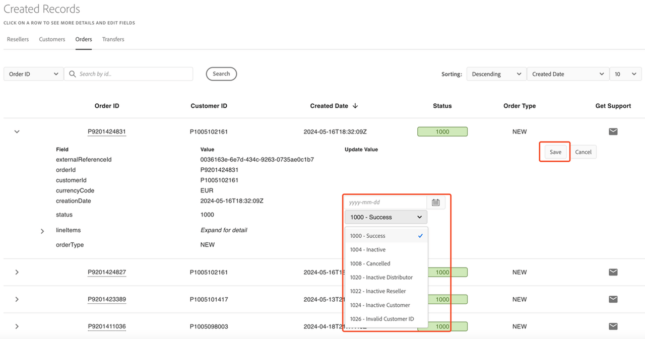 Editing Order status and creation date through the Sandbox Portal