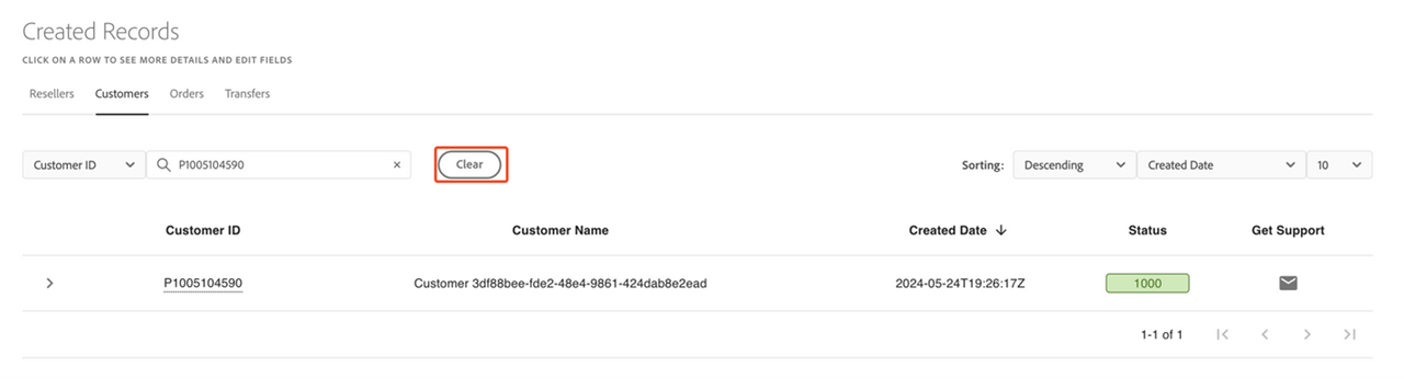 Clear customer search selection
