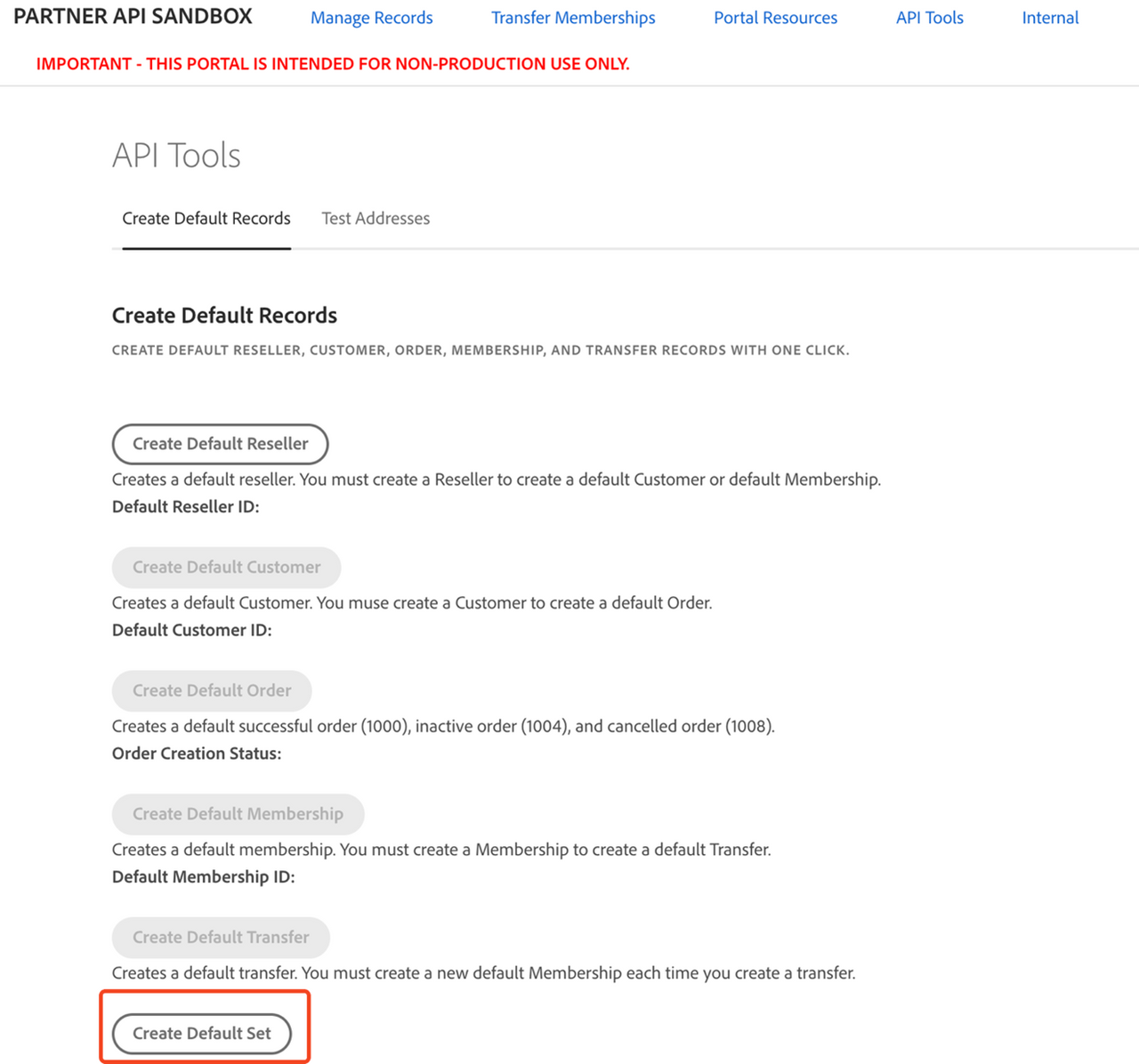 Creating default data set in Sandbox Portal