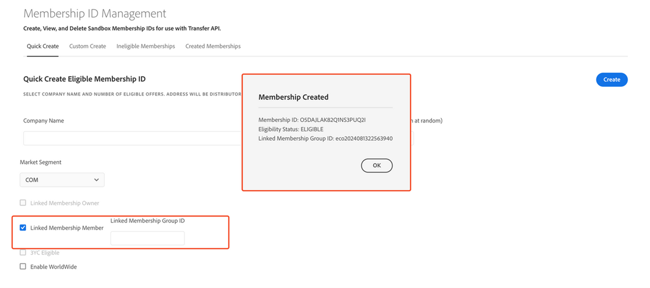 Creating membership with Linked Membership Member from the Quick Create page
