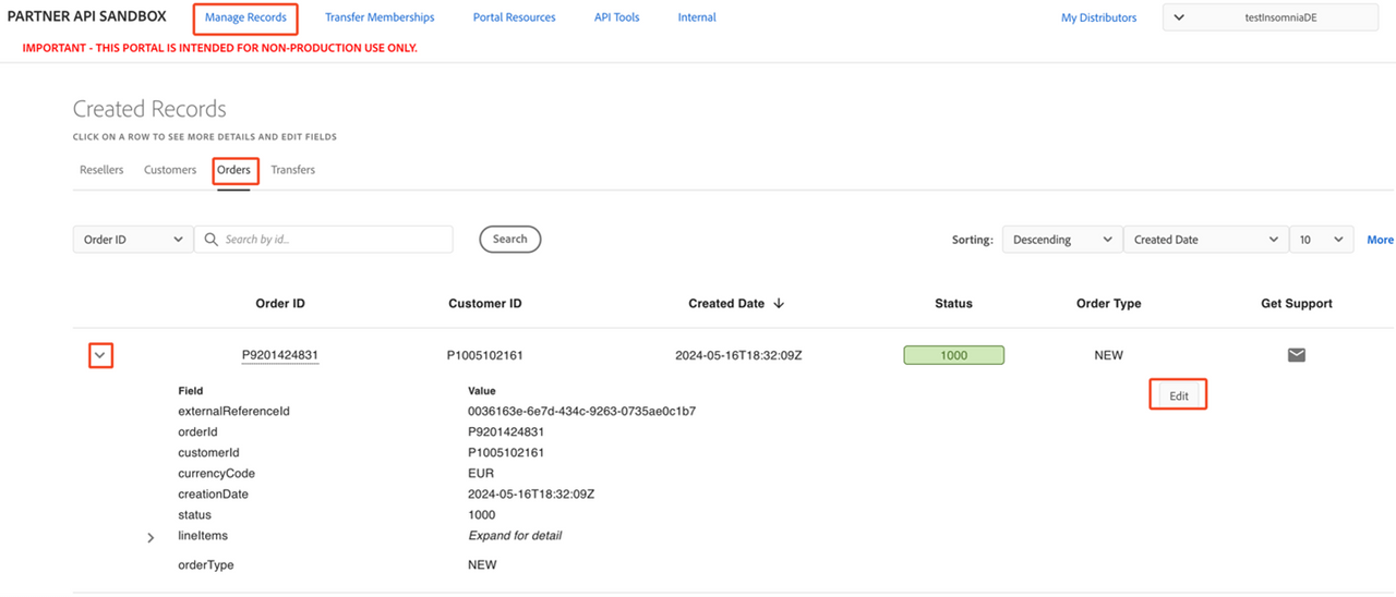 Editing Order details through the Sandbox Portal