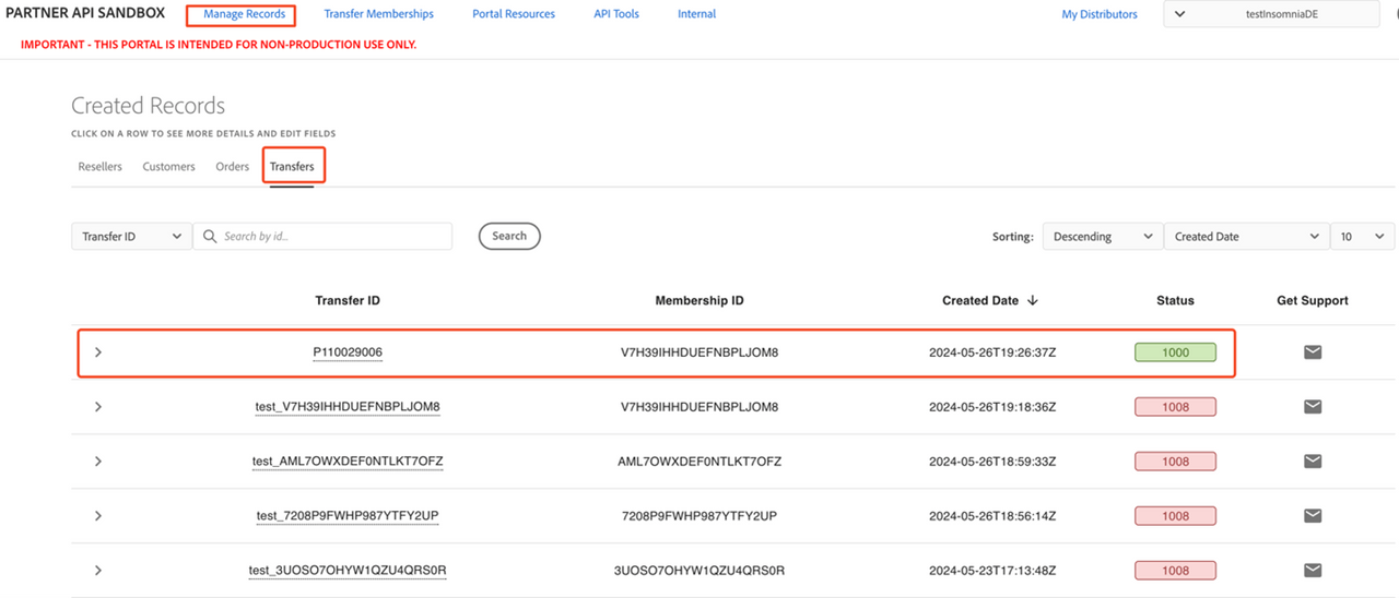 Viewing transfer details in the Sandbox Portal