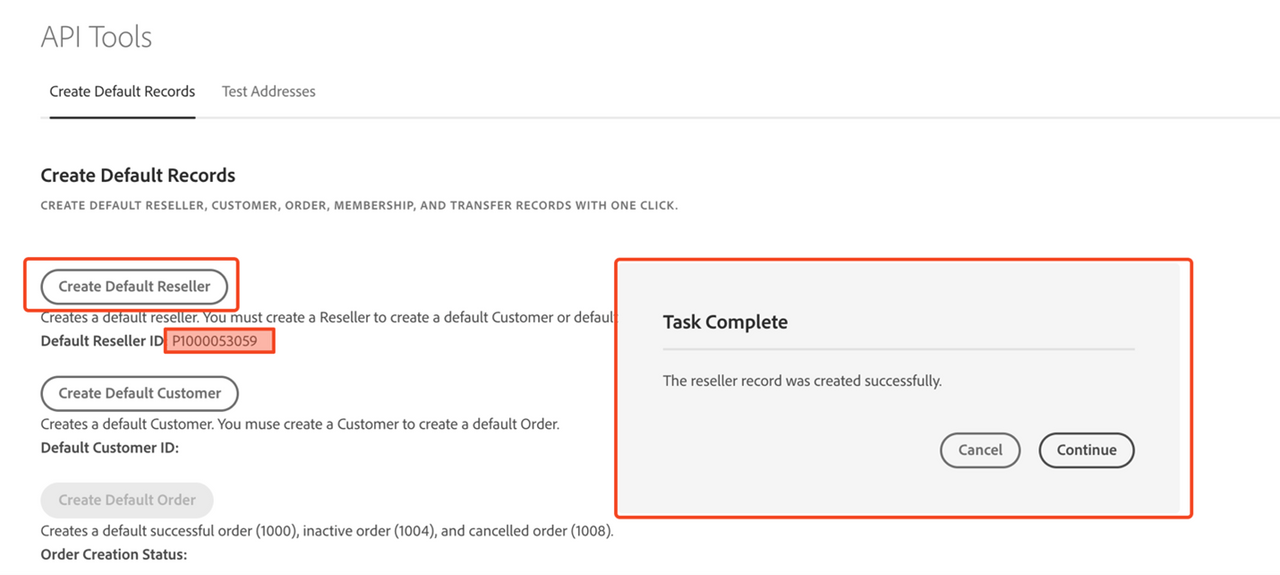 Default Reseller creation through Sandbox Portal