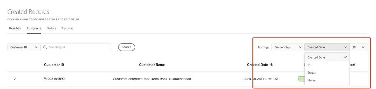 Sorting customer data in Sandbox Portal