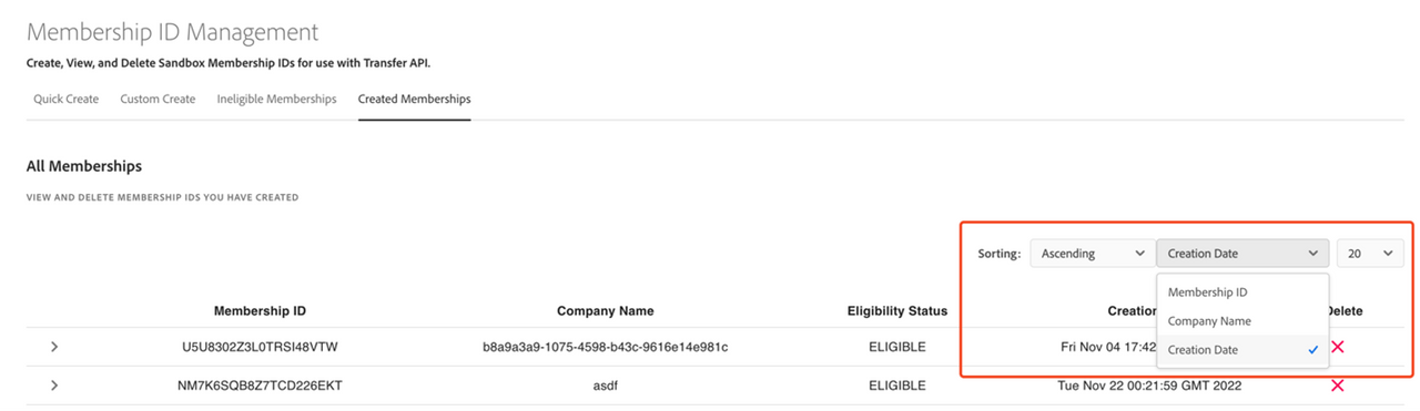 Sorting created memberships