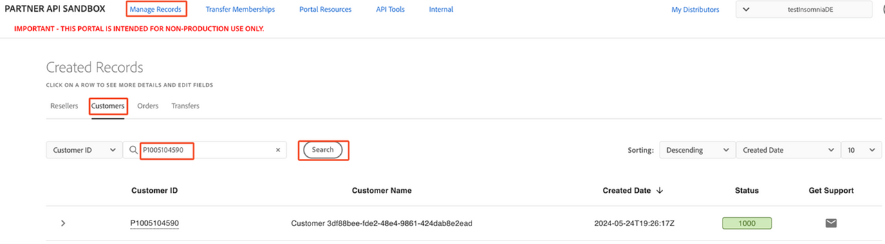 Searching for a customer in Sandbox Portal