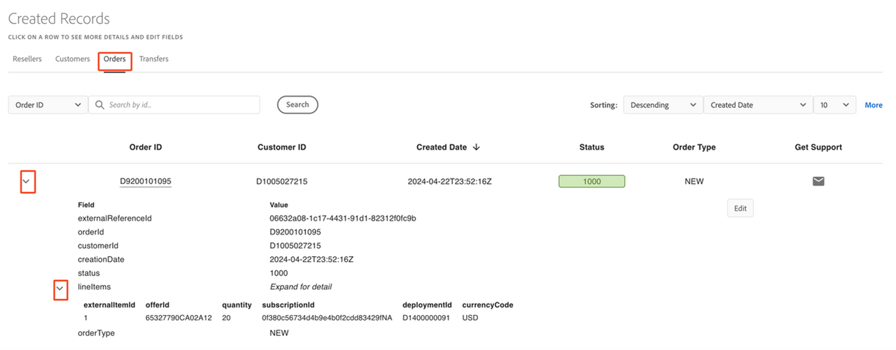 Viewing created orders in the Sandbox Portal