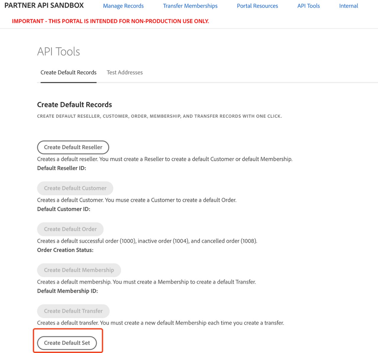 Creating a default data set in the Sandbox Portal